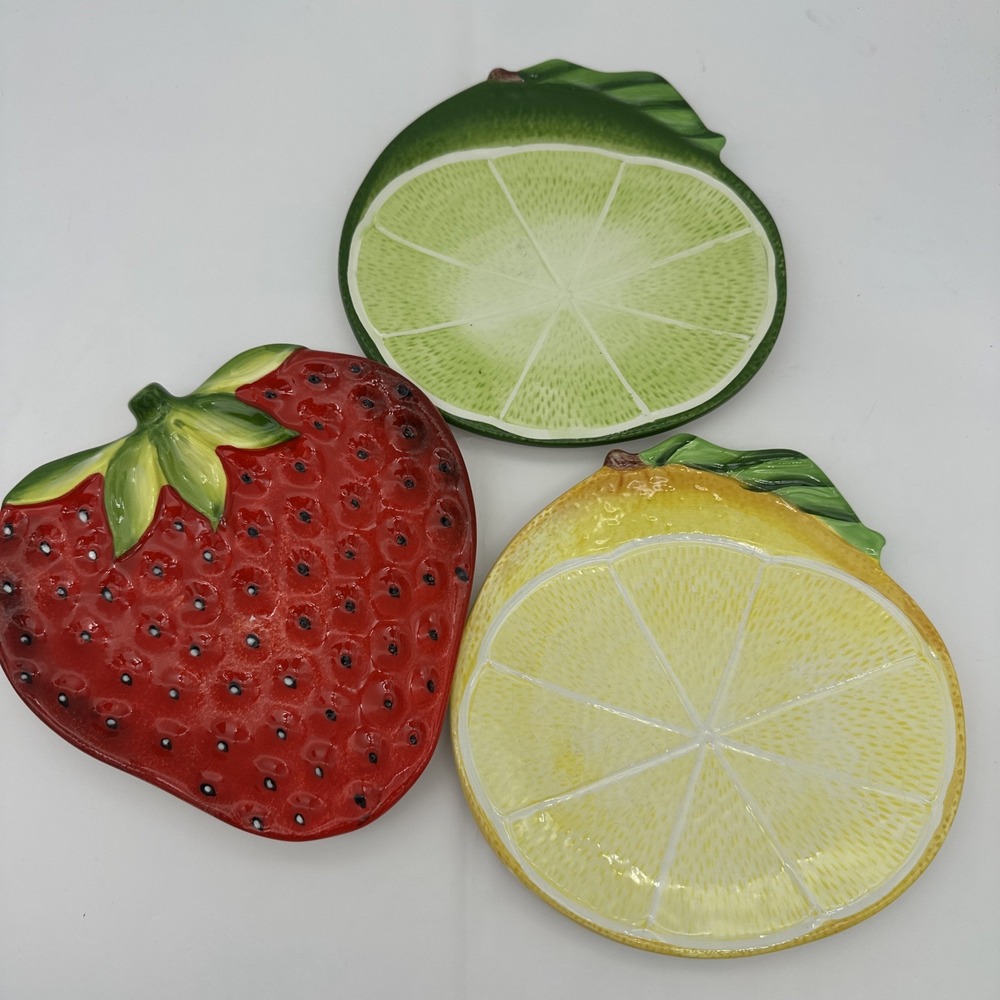 Pier 1 One Imports Green Lime, Yellow Lemon & Strawberry Hand Painted Plates